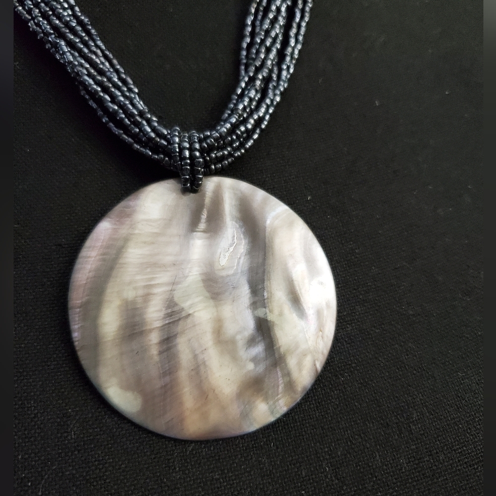 Handmade Multi-Strand Seed Bead Necklace with Large Round Shell Enhancer - Picture 2 of 3